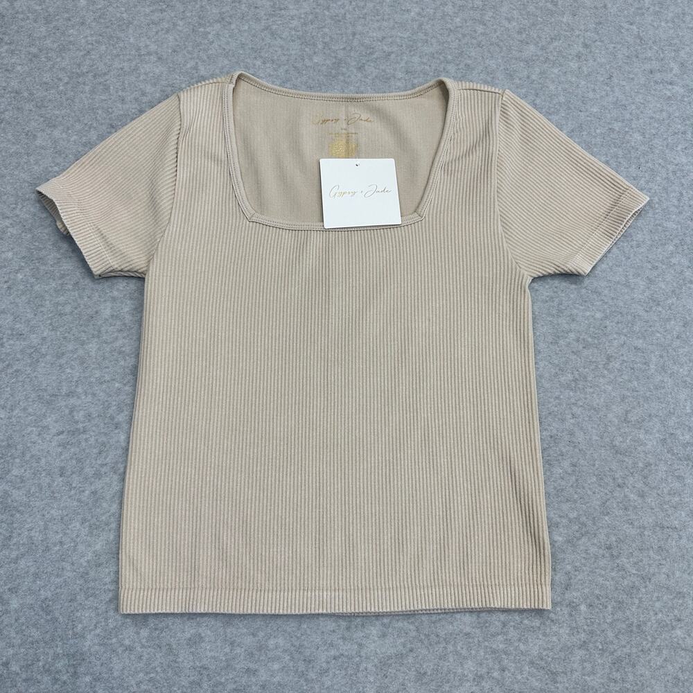 Gypsy & Jade Semi-Crop T-Shirt WMNS S Tan Square Neck Ribbed Knit Short Sleeve